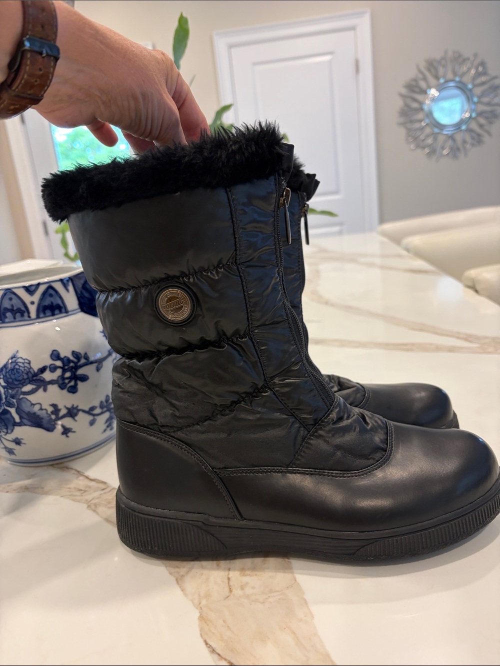 Olang Black Winter Quilted Faux-Fur trim Snow Boots leather boot nylon upper